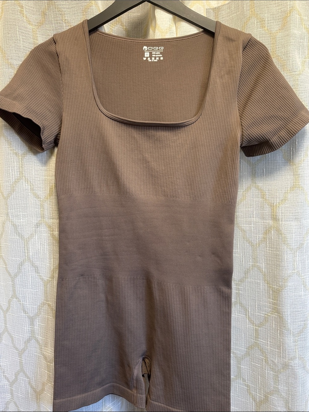 Ribbed Short-Sleeve Biker Shorts Romper - Taupe